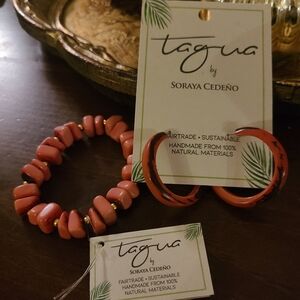 Fair Trade Tagua Nut Organic Bracelet & Earring Set  Jewelry Coral Color New
